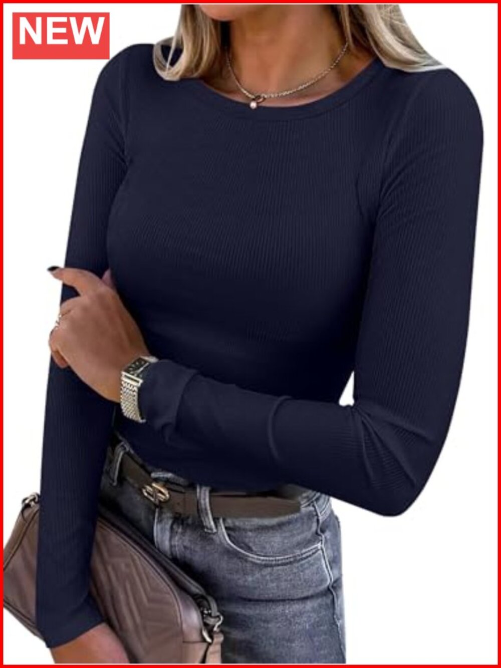 Women's Ribbed Long Sleeve Slim Fit Crewneck T-Shirt